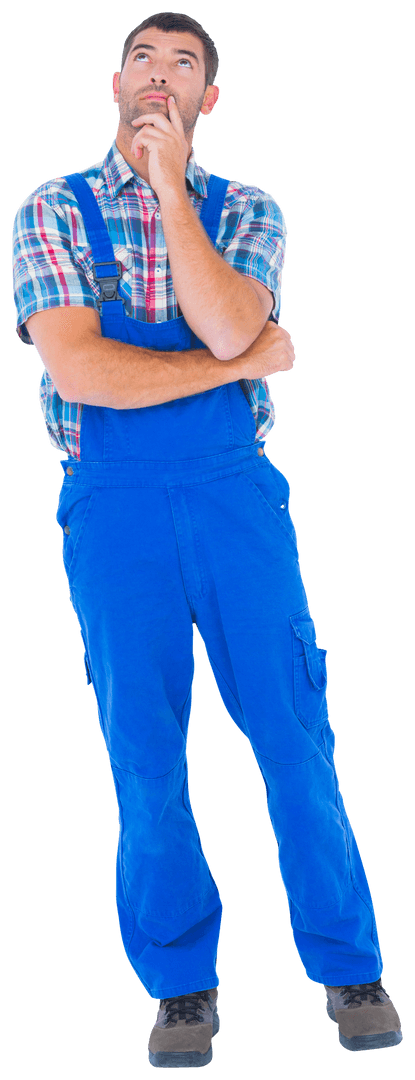 Thoughtful Handyman in Blue Overalls Contemplating Concepts Transparent