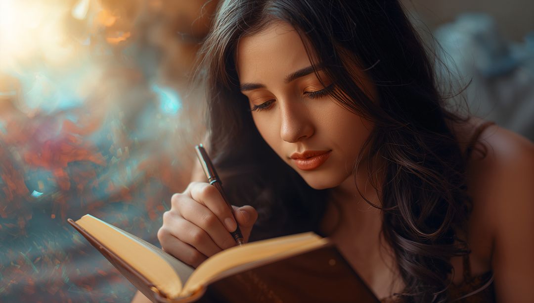 Woman Writing in Leather-bound Notebook with Silver Pen