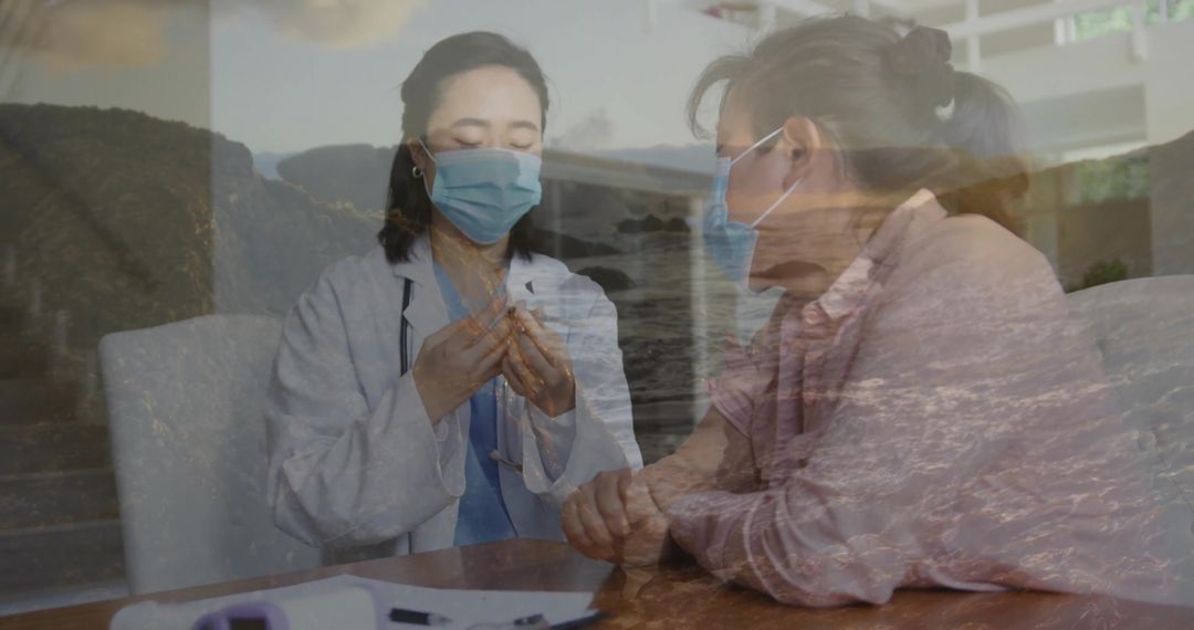 Compassionate clinician preparing vaccine vial while patient listening with ocean exposure