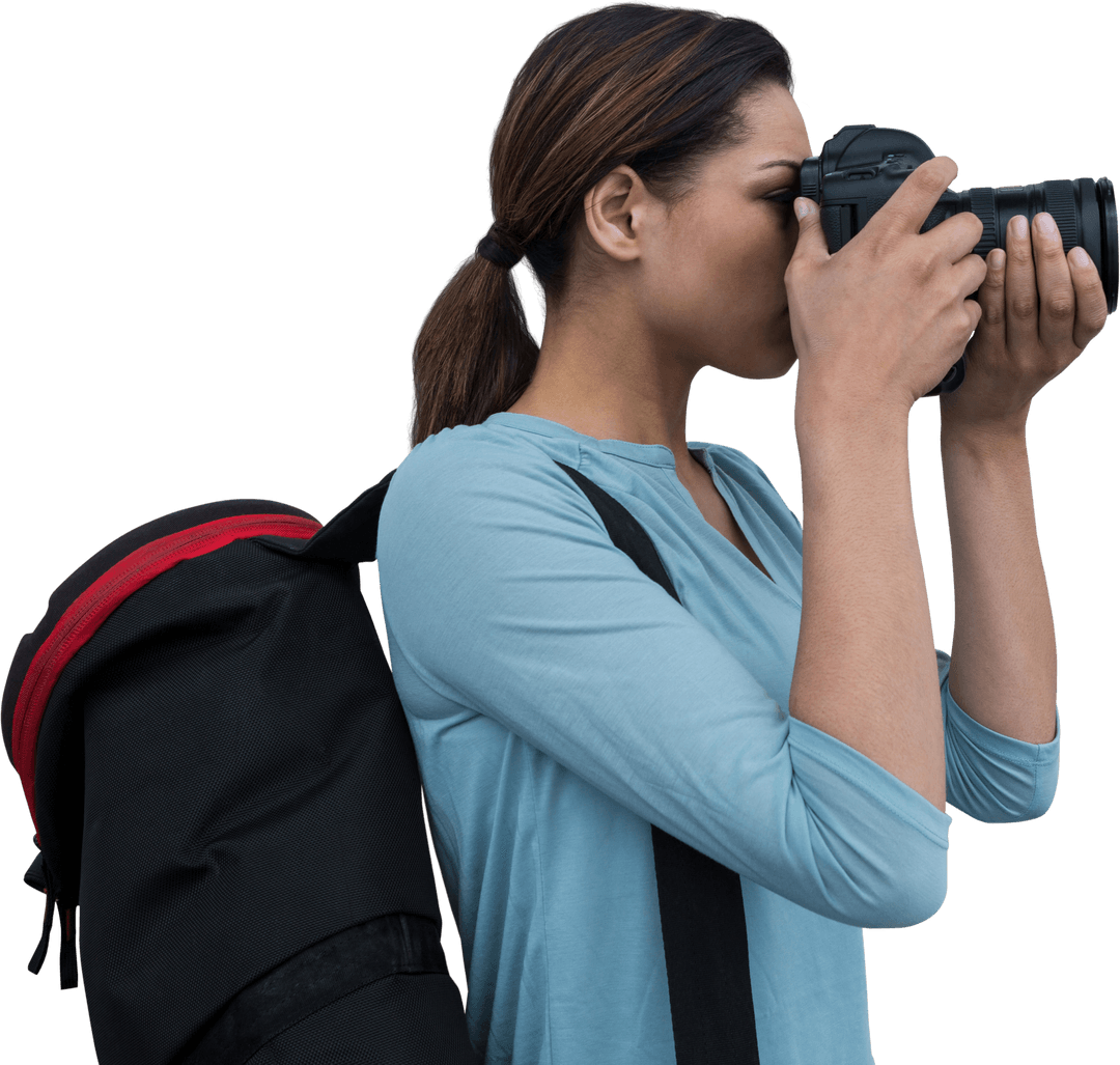 Transparent Woman Taking Photos with Camera Side View