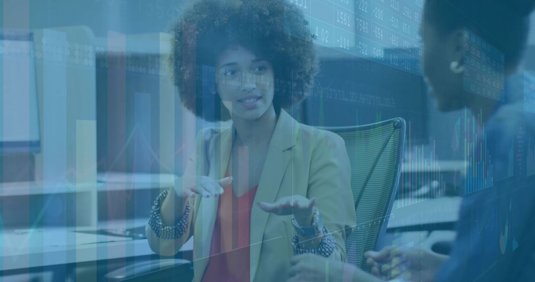 Businesswoman Analyzing Financial Data Visualization at Desk Meeting