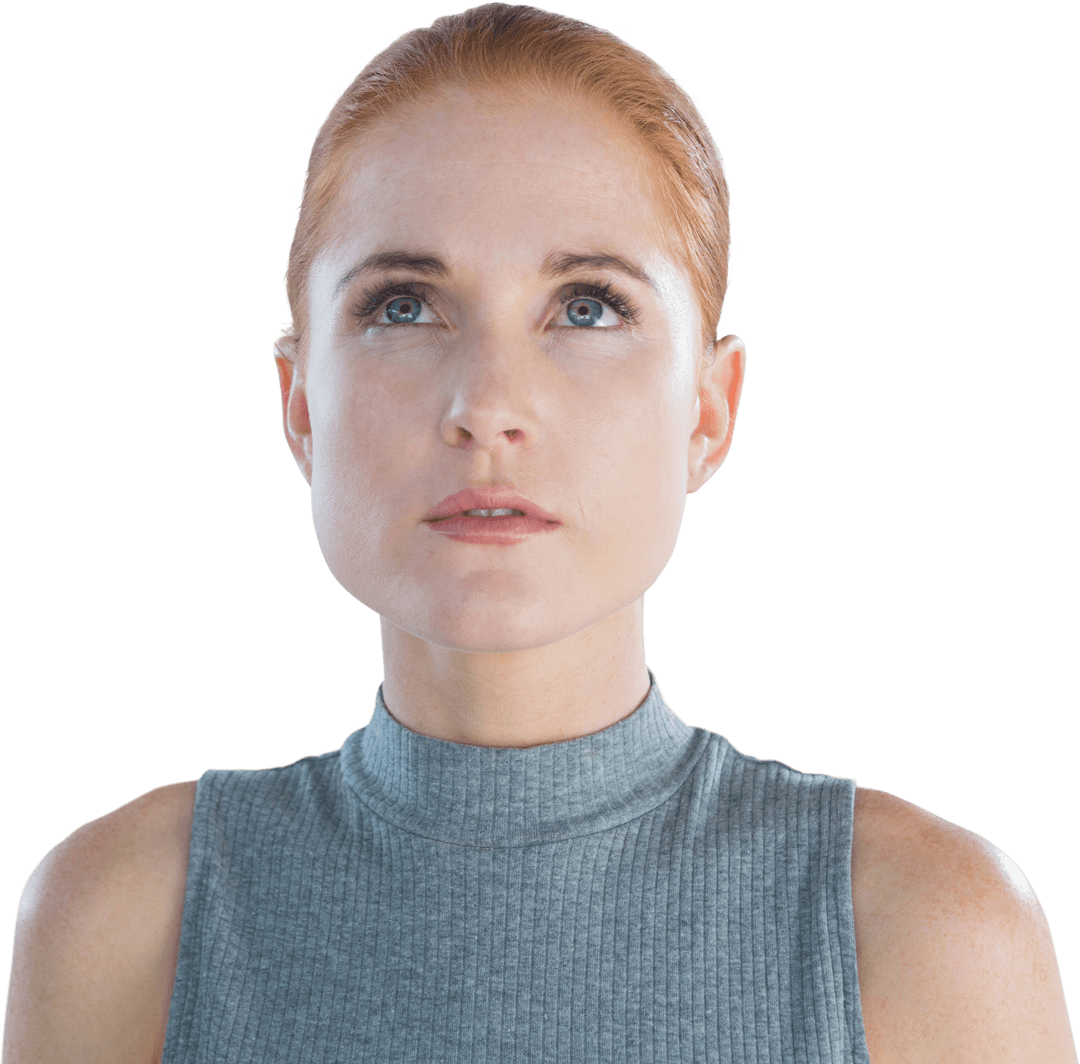 Transparent Insightful Redhead Woman Conceptualizes Ideas