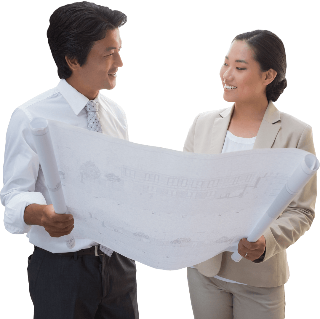 Business Professionals Examining Transparent Blueprint Together