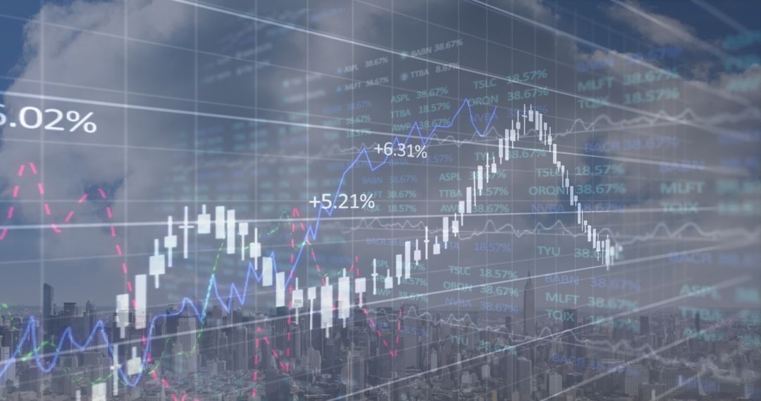 City Skyline Merging with Financial Graphs Demonstrating Market Trends