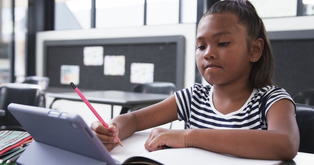 Focused Student Utilizing Technology for Learning in Classroom