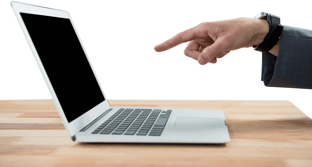 Businessman Pointing at Laptop Screen on Transparent Wood Desk