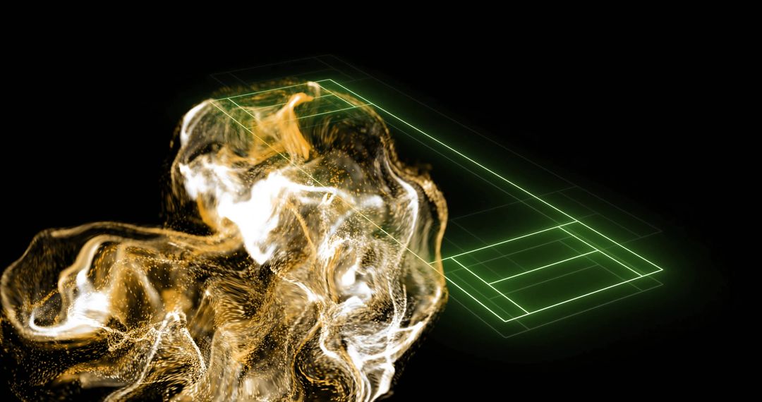 Abstract Golden Fluid with Green Digital Interface on Black Background
