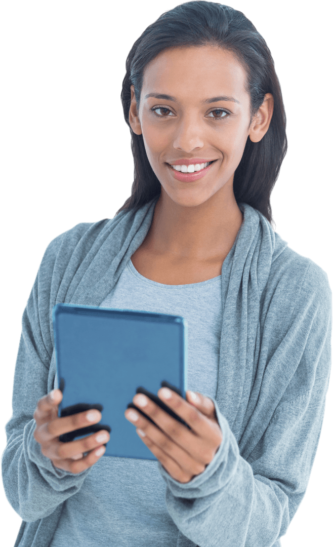 Smiling Woman Using Tablet on Transparent Background for Technology and Communication