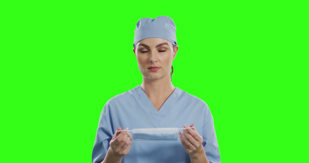 Serious Female Surgeon Preparing Face Mask on Isolated Green Screen Background - Free Images, Stock Photos and Pictures on Pikwizard.com