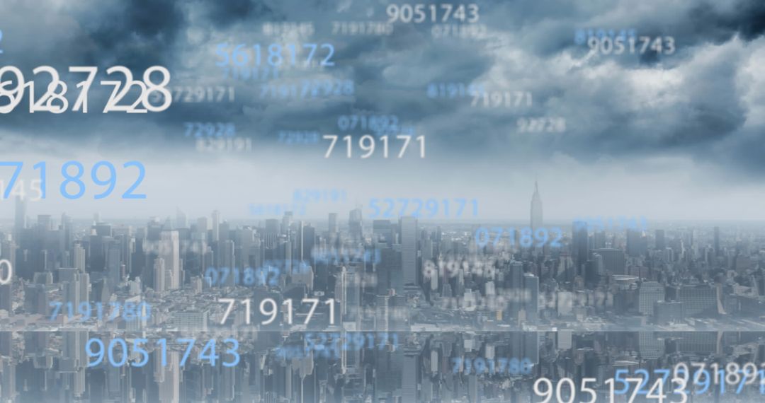 Digital Data Overlay on Urban Skyline with Cloudy Sky