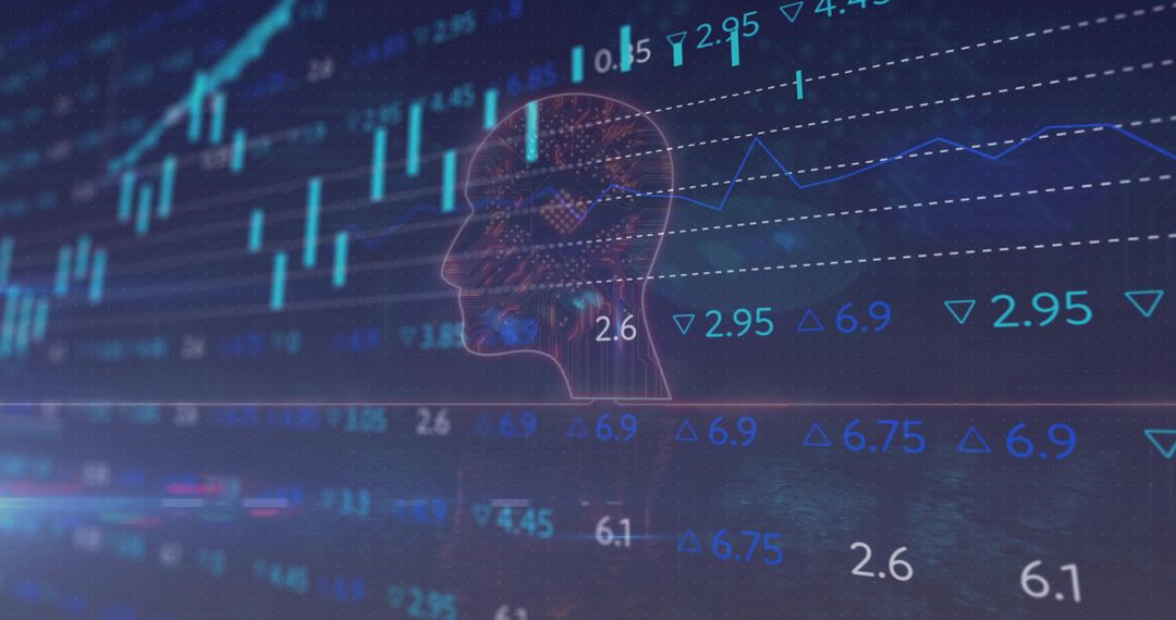 Wireframe head projecting neural nodes over trading dashboard with candlestick charts