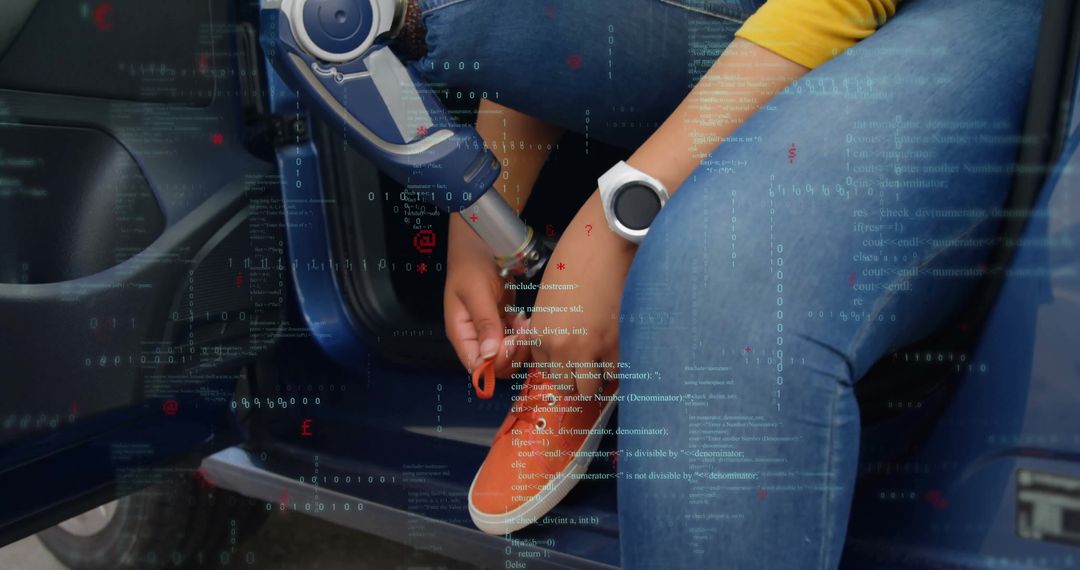 Empowered Mobility: Woman with Prosthetic Managing Ties with AR Display