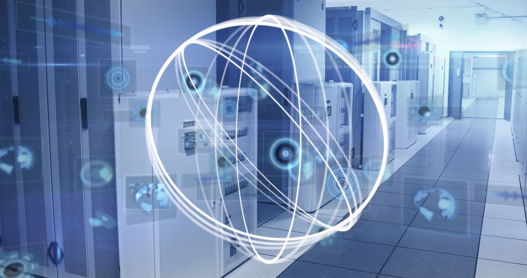 Futuristic Server Room with Digital Technology Overlay