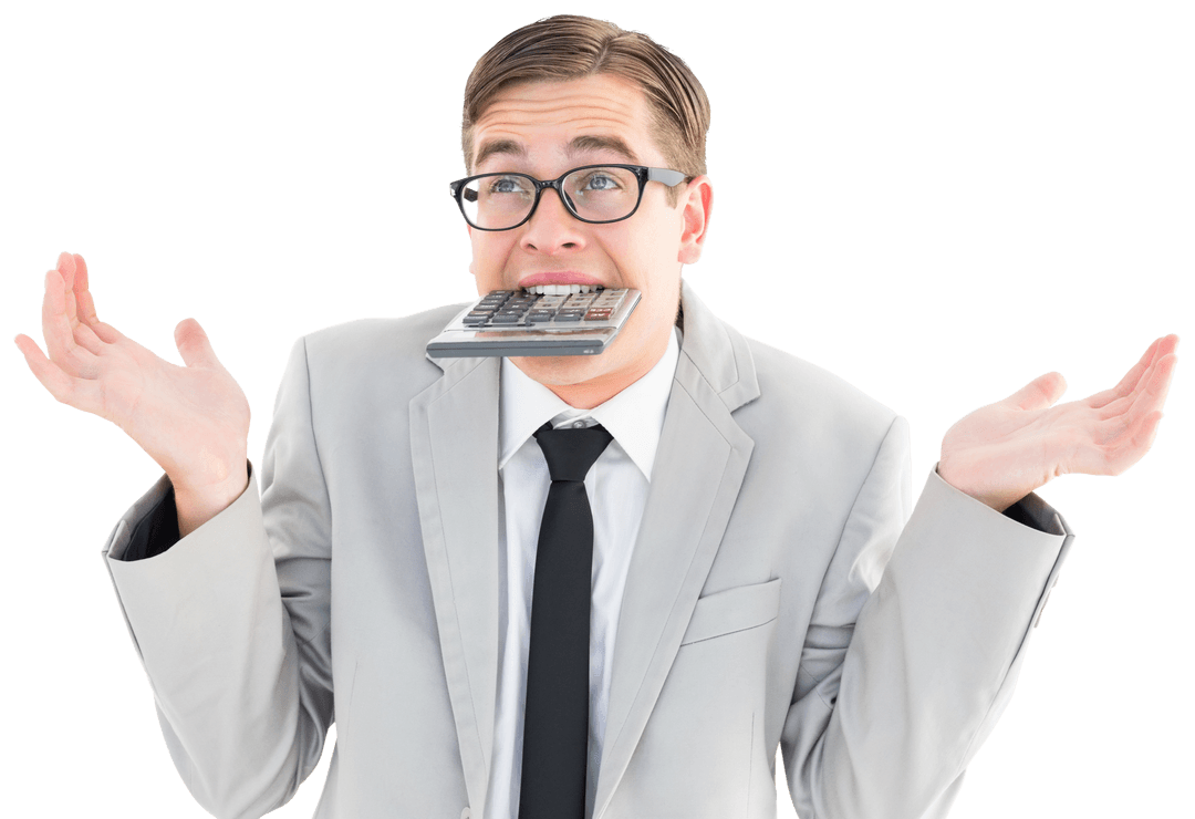 Transparent Businessman Biting Calculator with Confused Gesture