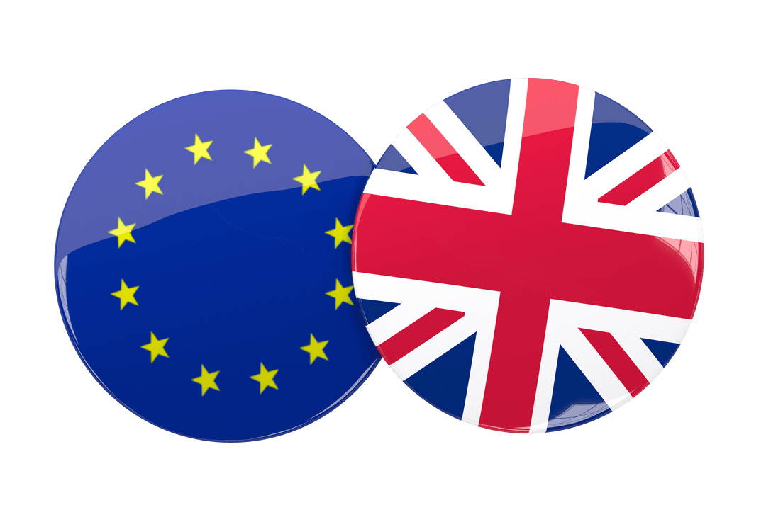 Transparent Badges with EU and UK Flags Symbolizing Political Themes