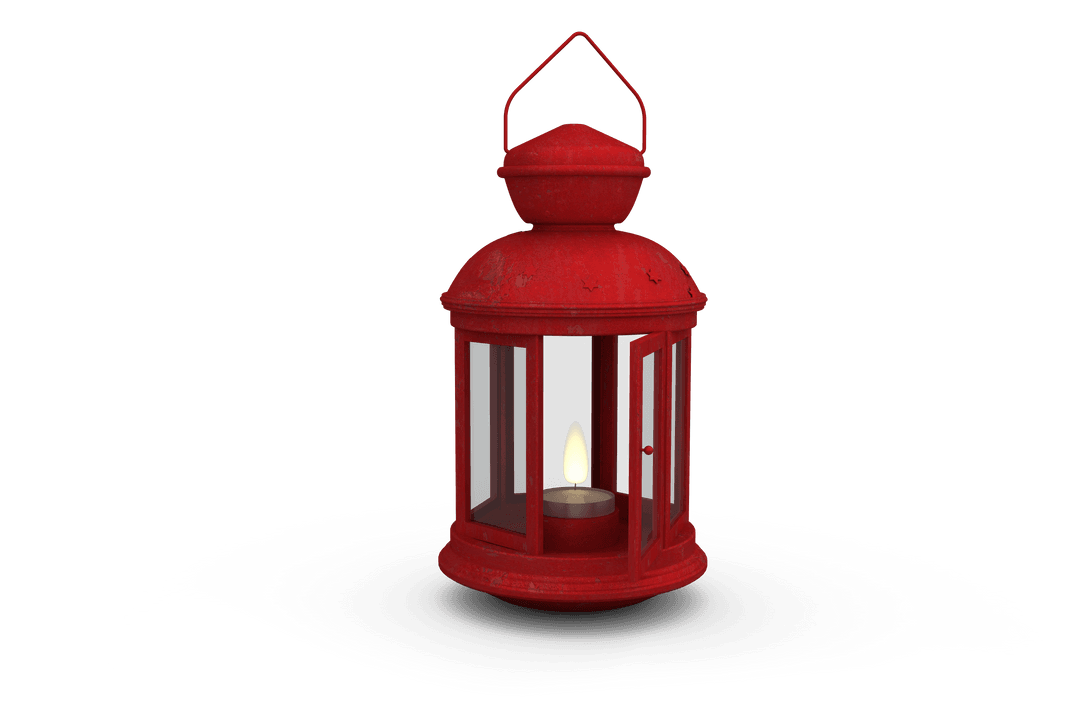 Red Vintage Lantern with Glowing Candle on Transparent Background