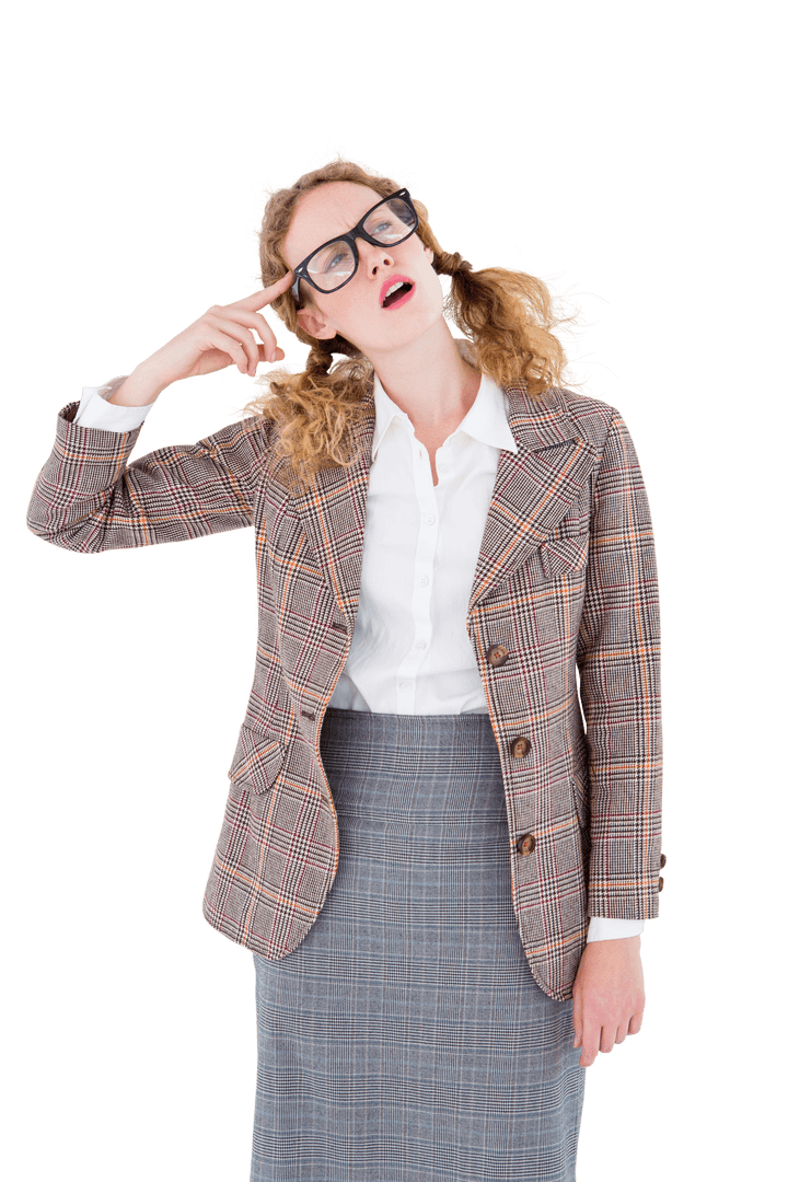 Thoughtful Geeky Hipster Woman in Transparent Background
