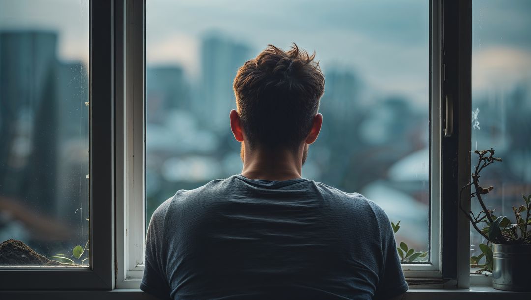 Man Gazing Out Window in Urban Setting Contemplating