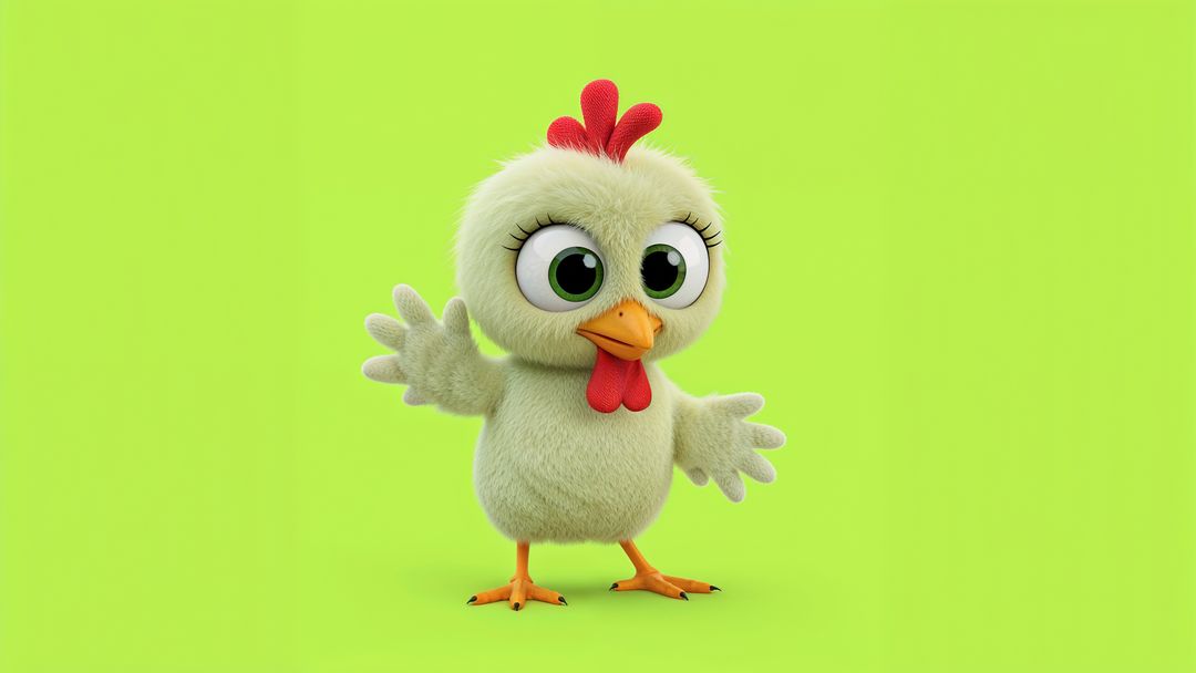 3D Cartoon Chicken Waving on Bright Chartreuse Background