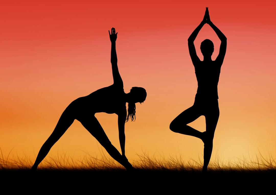 Silhouette of women practicing yoga on grass - Free Images, Stock Photos and Pictures on Pikwizard.com