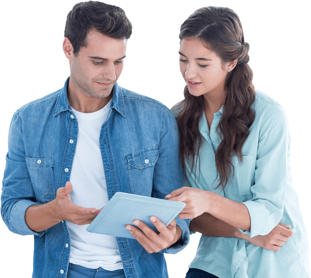 Smiling Couple Using Tablet on Transparent Background