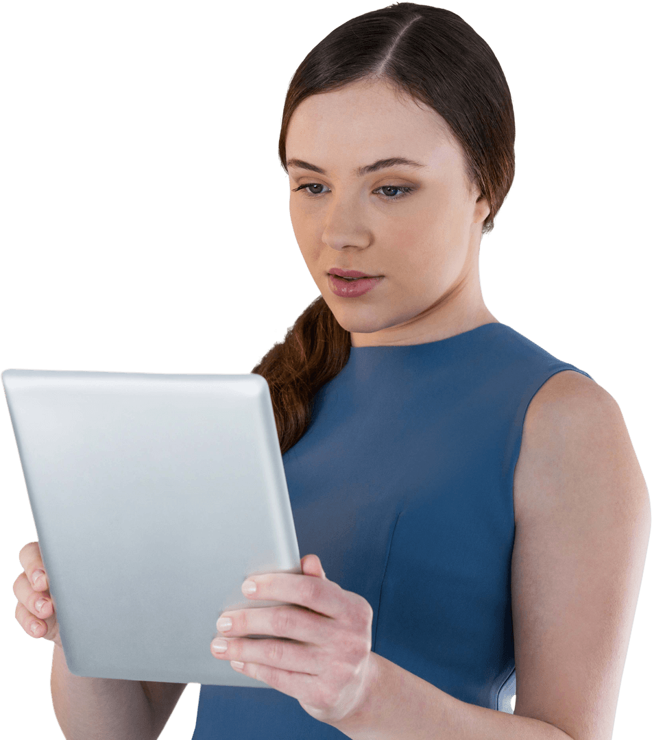Transparent Woman Using Digital Tablet in Professional Setting