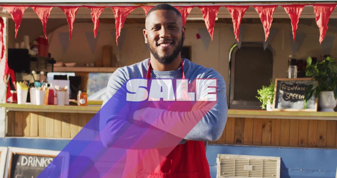 Charismatic Vendor Smiling at Food Stall with Rustic Decor