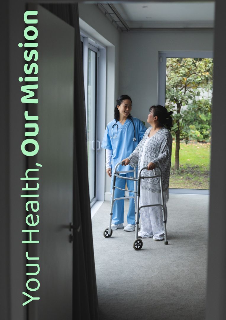 Nurse Assisting Senior Patient with Walker Indoors, Your Health Our Mission - Download Free Stock Templates Pikwizard.com