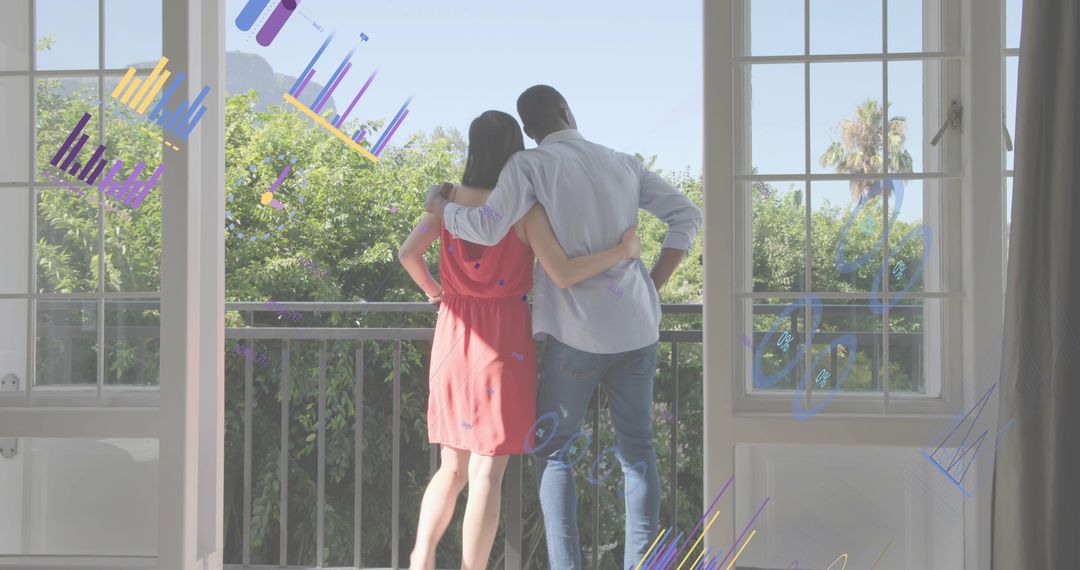 Romantic couple embracing on balcony overlooking garden with colorful graphic overlays