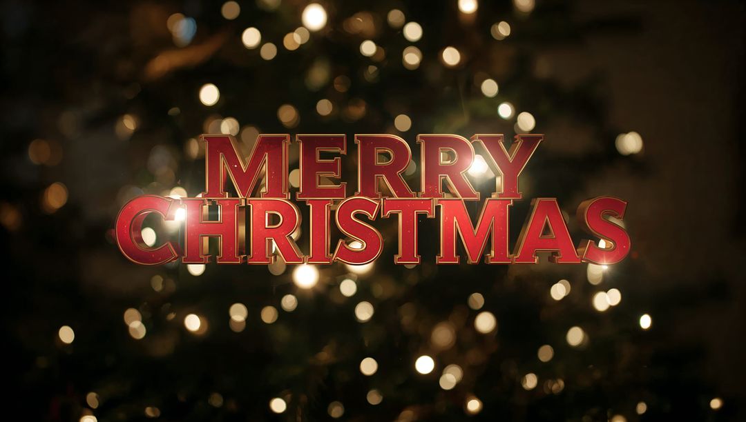 Glowing 3D Merry Christmas sign reflecting warm bokeh lights over evergreen tree