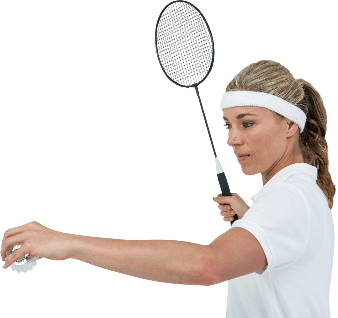 Female Badminton Player Serving Isolated on White Background