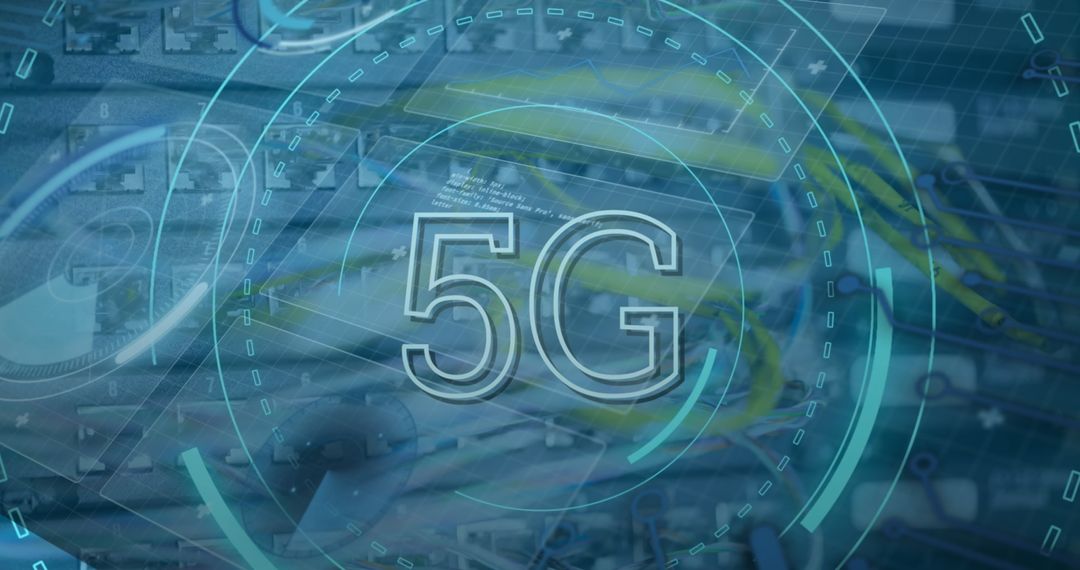 Digital Interface Overlaid on Server Room with 5G Graphics