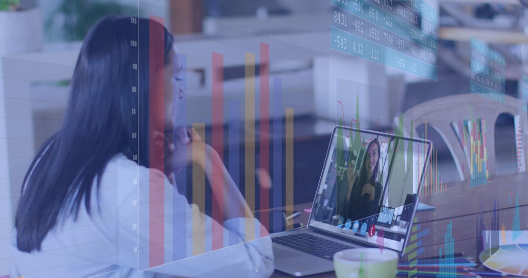Professional Woman on Virtual Meeting with Data Analytics Overlay