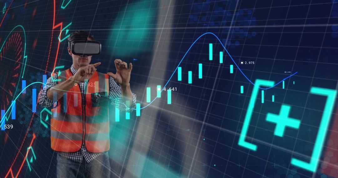 Male Technician Using VR Headset Interacting with Virtual Financial Charts