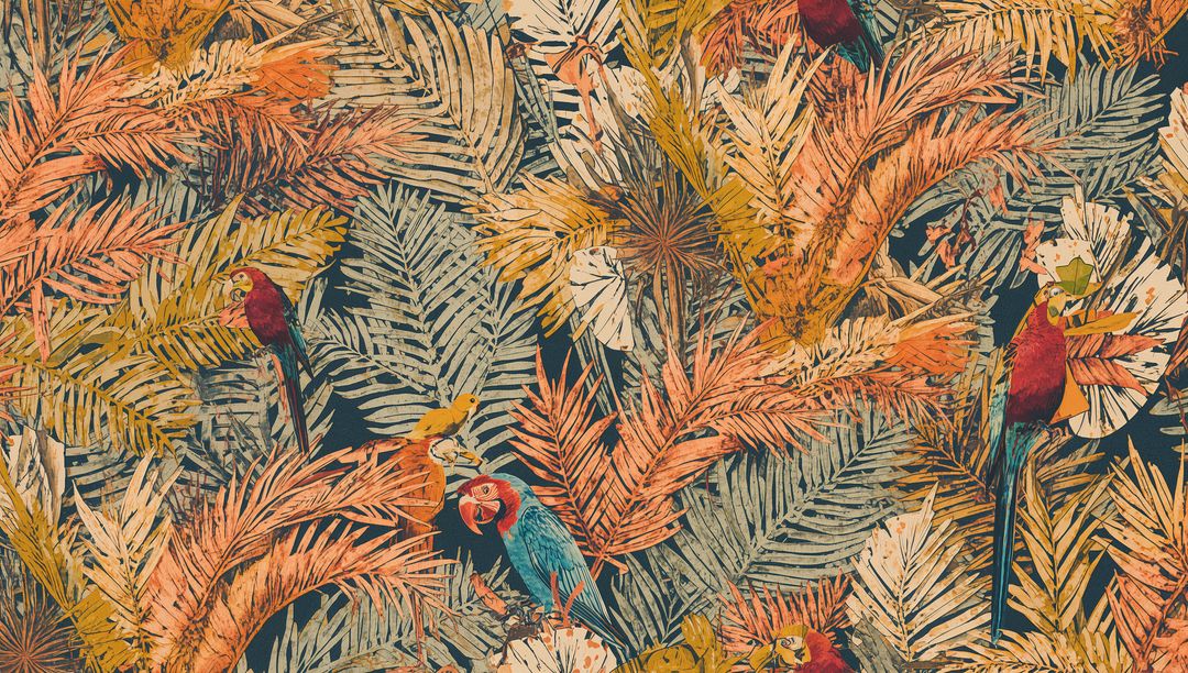 Vibrant Parrots on Tropical Botanical Pattern Illustration