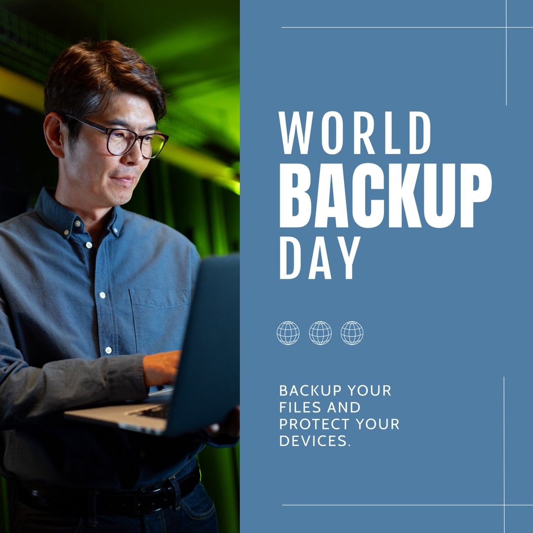 World Backup Day Awareness with Focused Man Using Laptop
