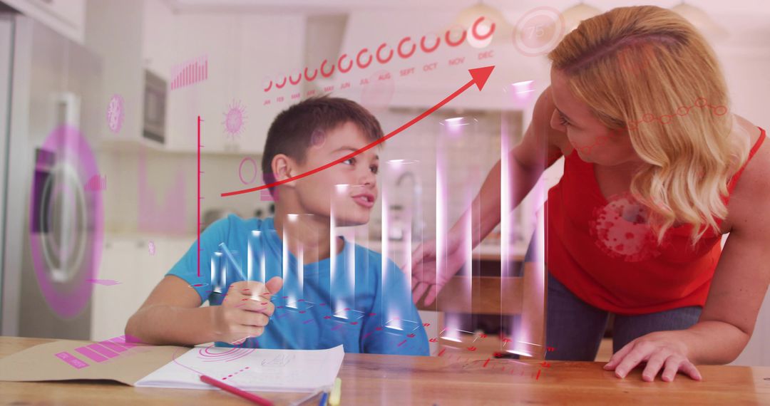 Mother Helping Son with Augmented Reality Homework at Kitchen Table