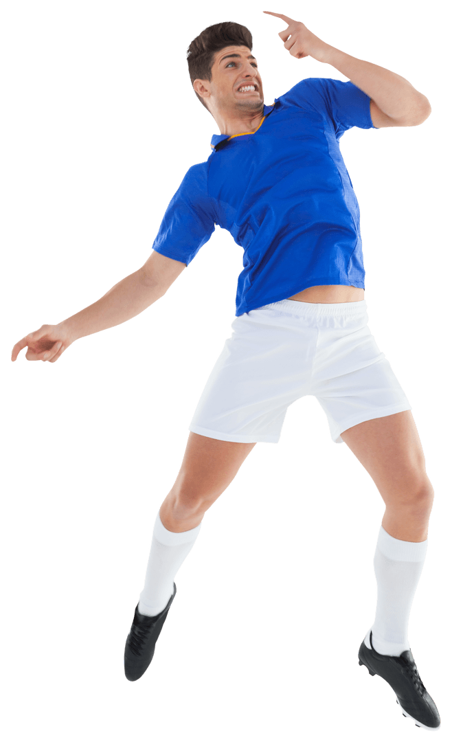 Athletic Male Soccer Player Jumping on Transparent Background