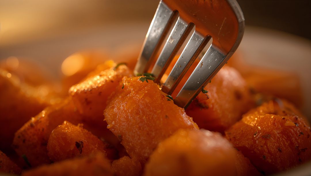 Macro Close-up of Fork Piercing Glazed Roasted Yam Cubes with Herbs and Warm Golden Light