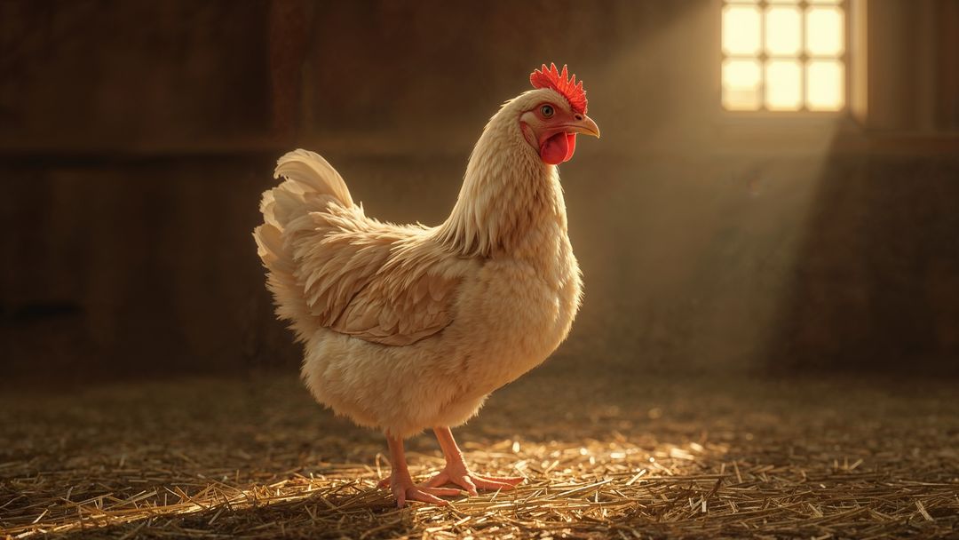 Buff Chicken Standing in Sunlit Rustic Barn Scene