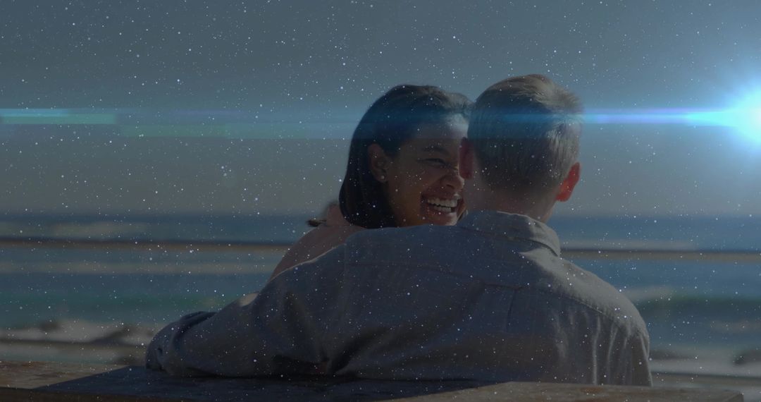Romantic Couple Embracing by Ocean Under Starry Sky