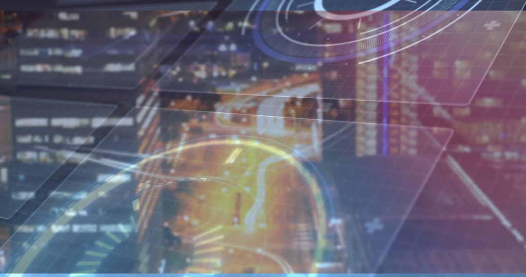 Futuristic Digital Overlay on Night Cityscape with Data Visualization