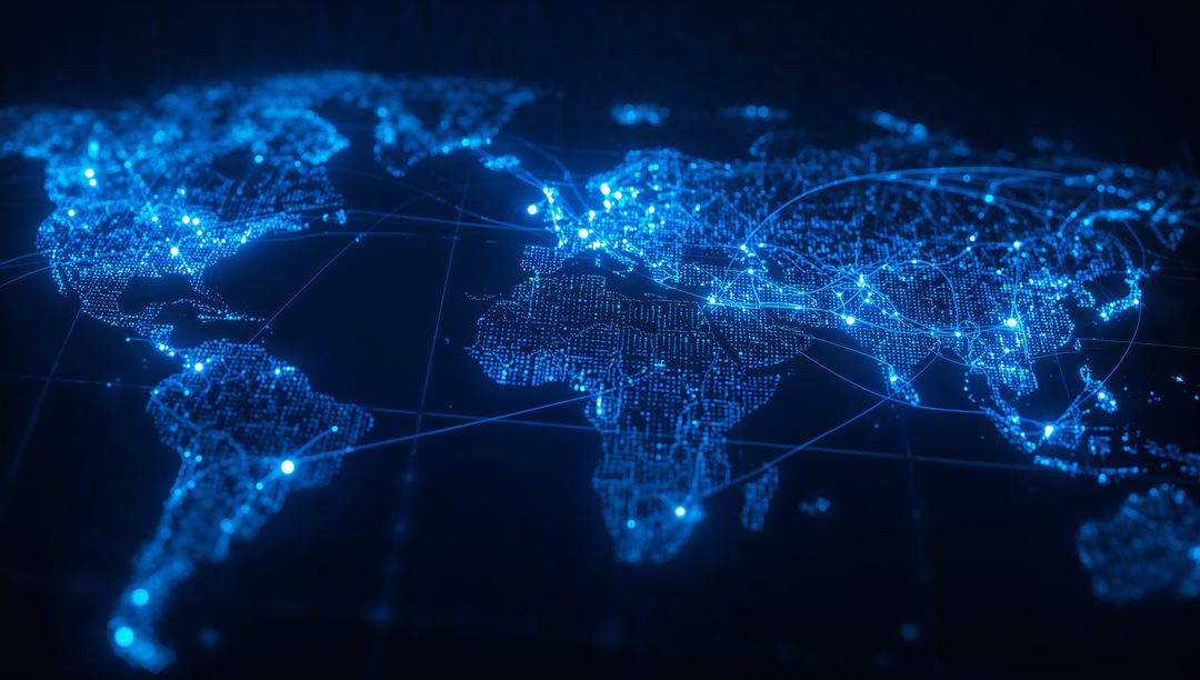 Futuristic Digital World Map Connecting Continents with Blue Nodes