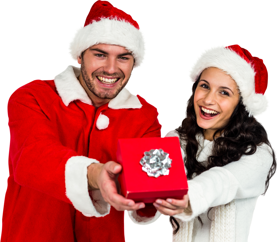 Happy Couple Holding Red Gift Box in Christmas Santa Hats, Transparent Background - Download Free Stock Images Pikwizard.com