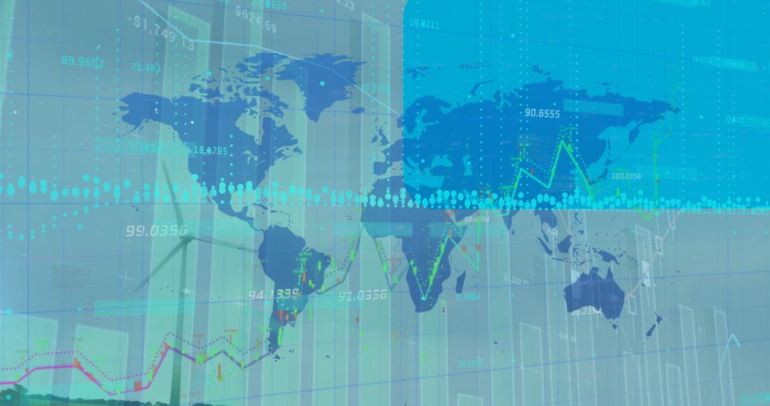 Global Financial Data with Wind Turbine Overlay Signifying Sustainability