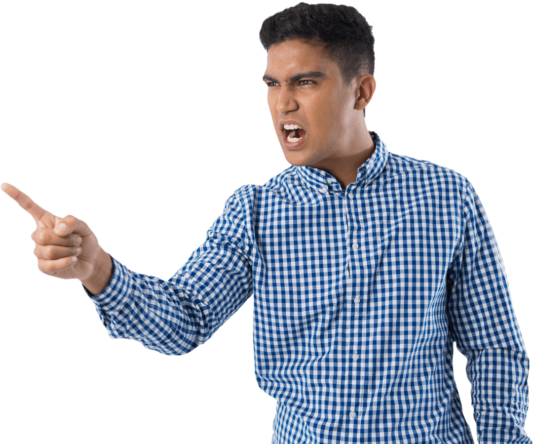 Angry Latino Man Pointing with Determination on Transparent Background
