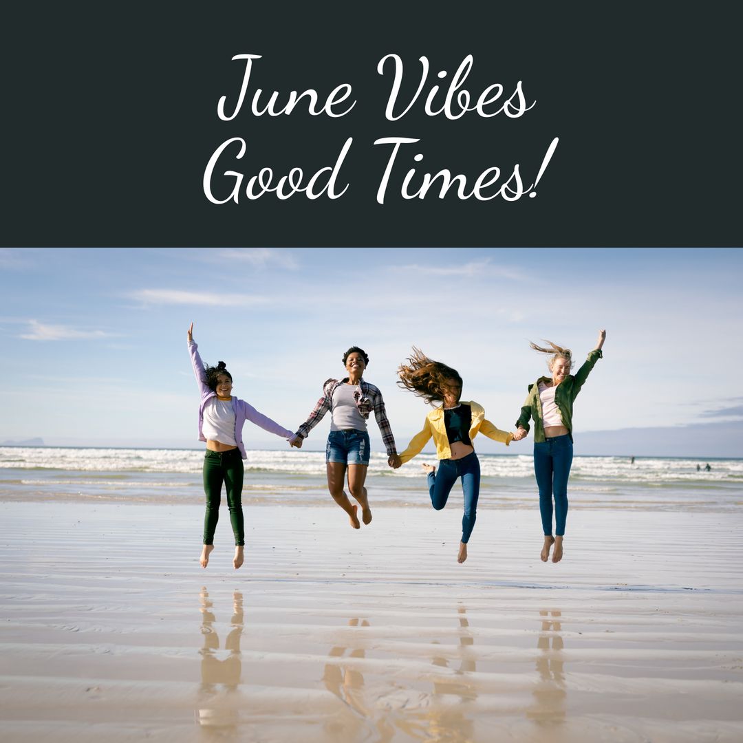Diverse Friends Jumping on Beach with June Vibes for Good Times