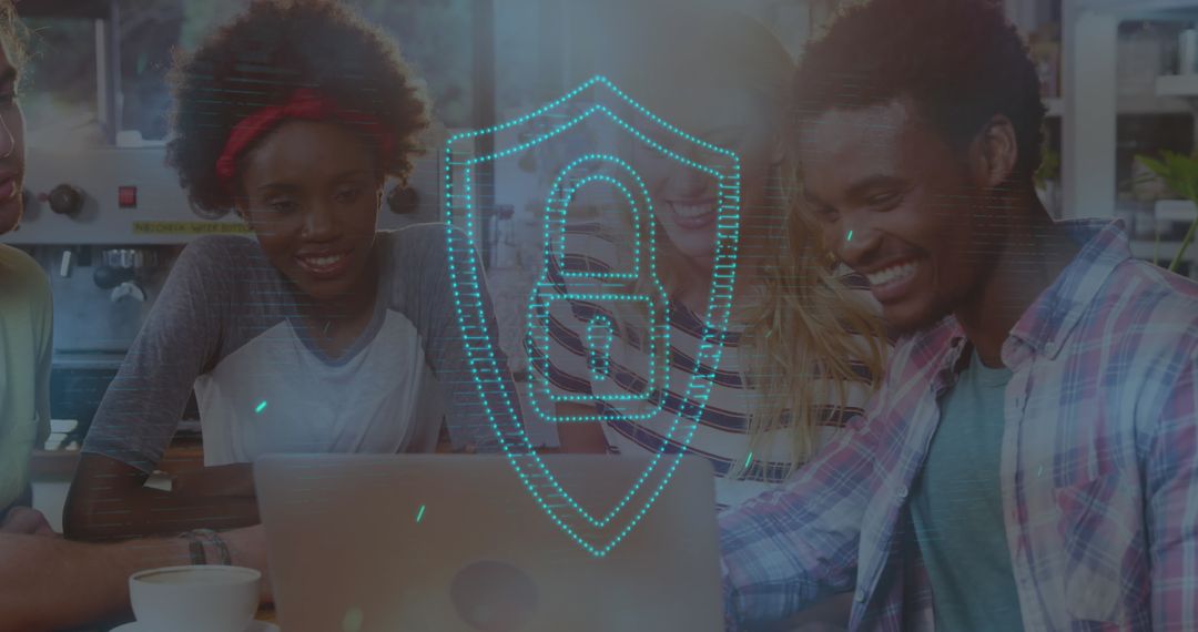 Diverse Group Working on Laptop with Digital Padlock Overlay