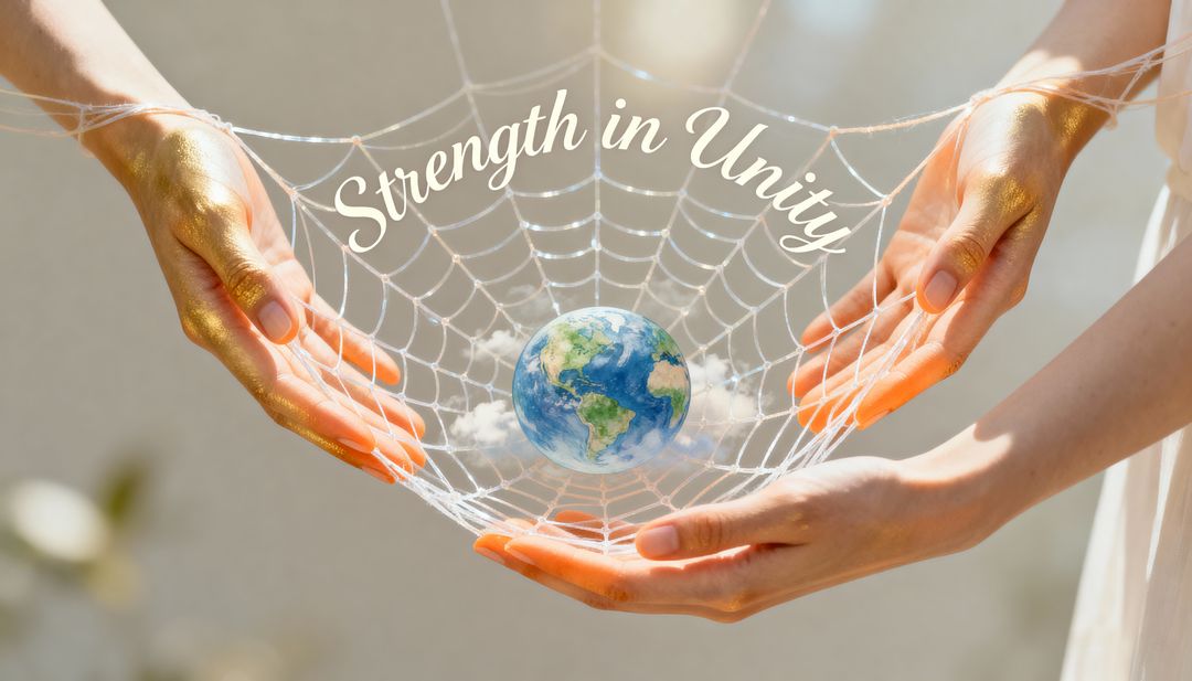 Hands Cradling Globe in Delicate Web with Gold-Painted Palms, Strength in Unity Concept