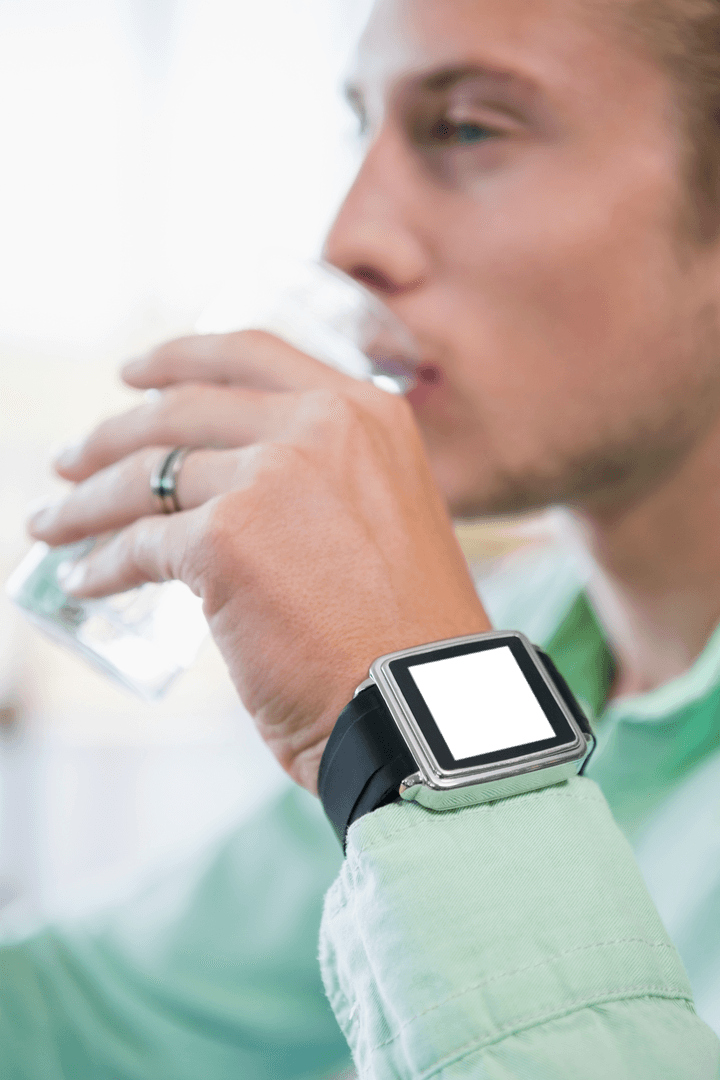 Man Drinking Water While Wearing Transparent Smartwatch